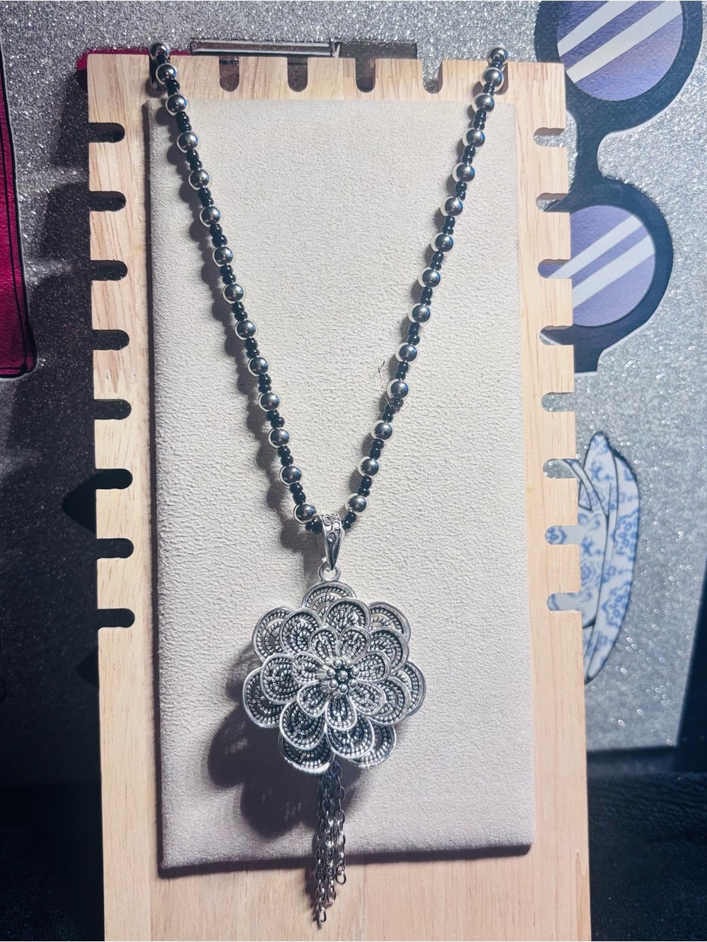 Silver Floral Filigree Tassel Necklace - Women's Silver Pendant